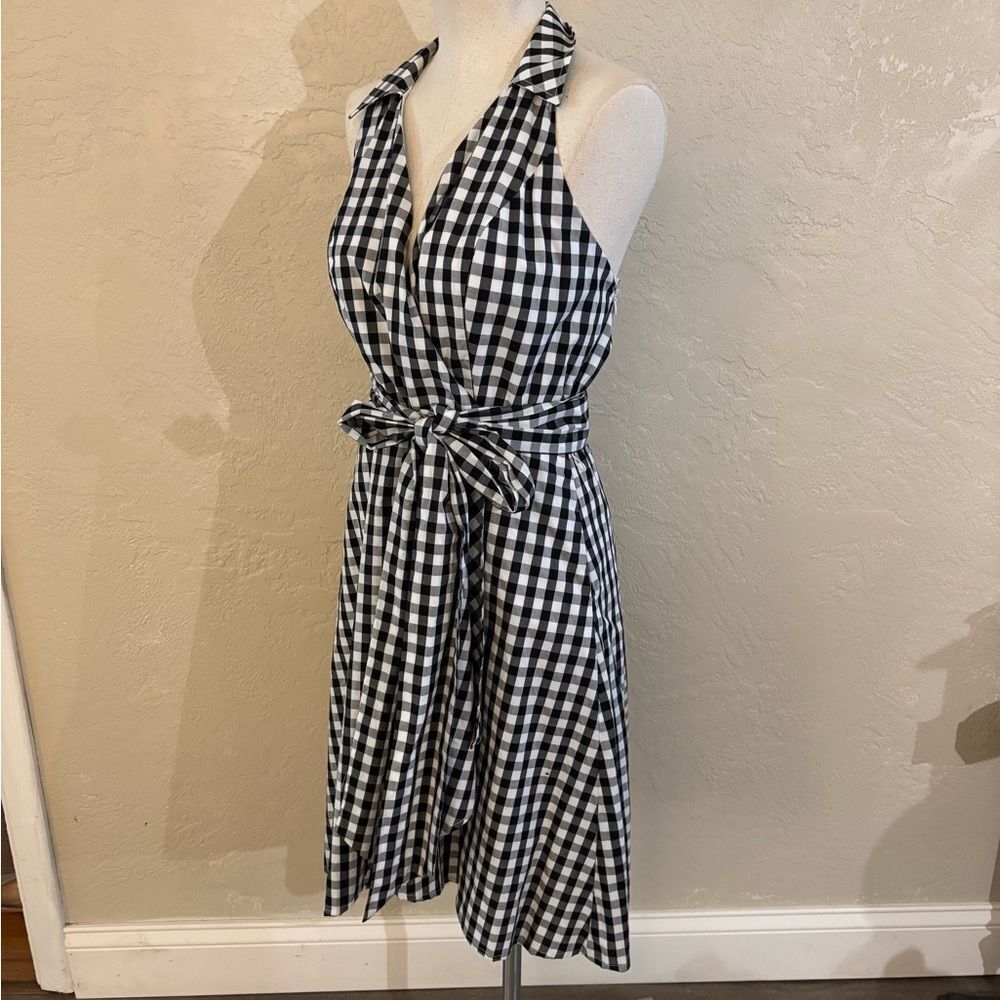 Boston Proper Black and White Gingham Sleeveless Wrap Dress